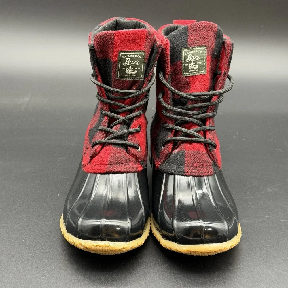 G.H. Bass Harlequin F16 Duck Boots Women's Sz 9 Red Plaid Rain Winter Lace Up